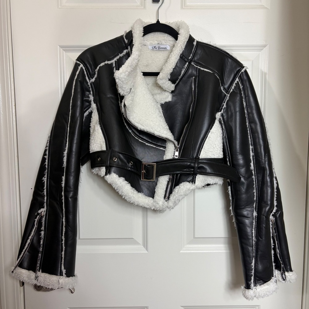 The Bunnies Dream Architect Black Faux Leather Cropped Shearling Aviator Jacket